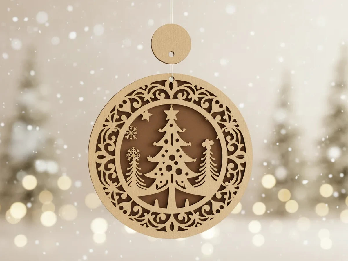 Lasergeschnittener Weihnachtsanhänger aus Holz mit Tannenbaum und Schneeflocken